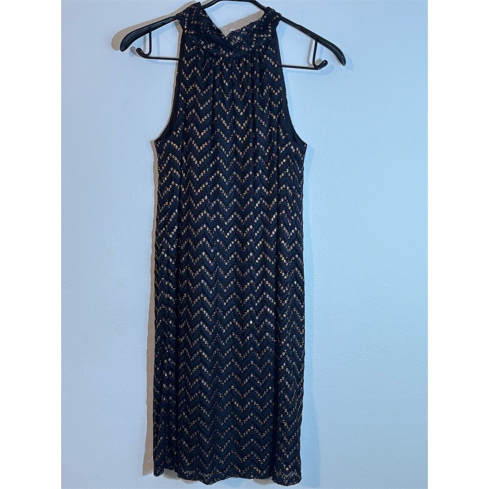 Trina Turk Halter Midi Dress Womens Size S Black Gold Chevron Lace Overlay